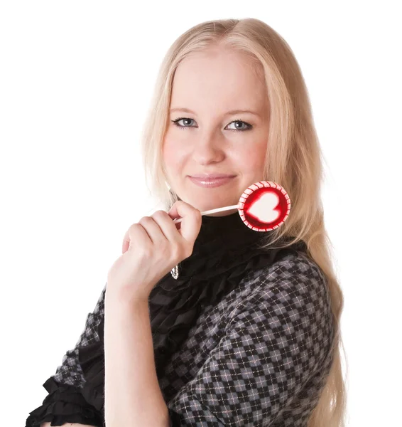 Härlig tjej blondin med lollipop — Stockfoto