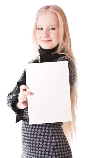 Lovely girl blonde with sheet of paper — Stock Photo, Image