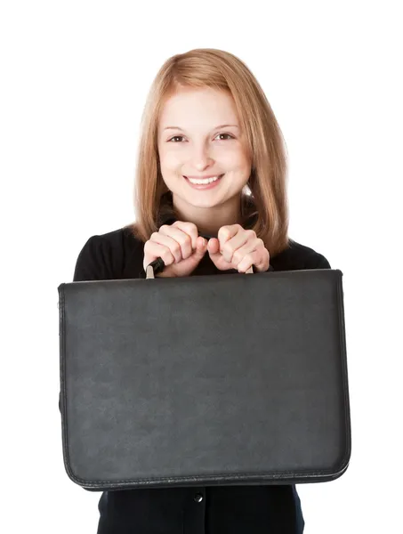 Smiling girl with portfolio — Stock Photo, Image