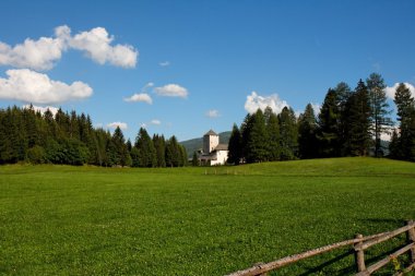 Medieval castle among green meadows clipart