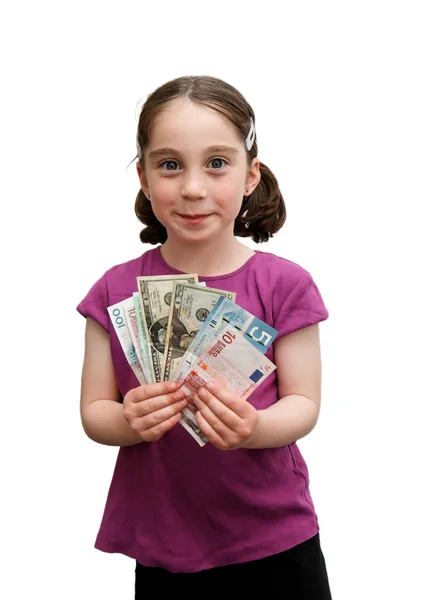 Smiling girl with pigtails hold money — Stock Photo, Image