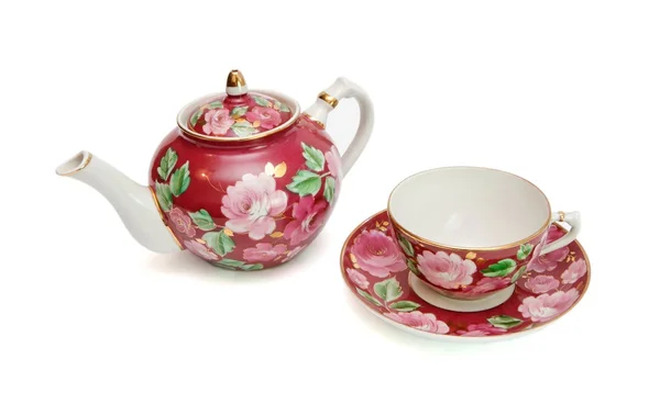 Old-fashioned floral-painted tea service — Stock Photo, Image