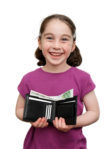 Menina sorridente com tranças mantém carteira — Fotografia de Stock