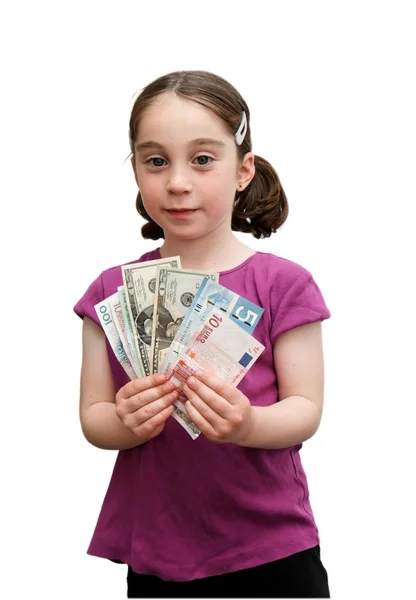 Smiling girl with pigtails holds money — Stock Photo, Image