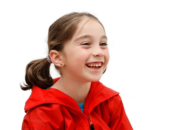 Yedi yaşındaki kızı pigtails ile gülüyor — Stok fotoğraf