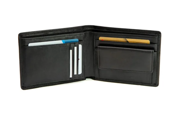 Offene schwarze Brieftasche mit Visitenkarten — Stockfoto