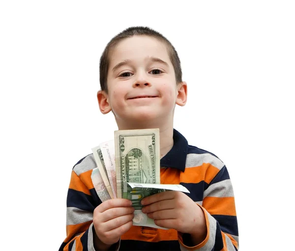 Cute little boy holds a fan of banknotes — Stock Photo, Image