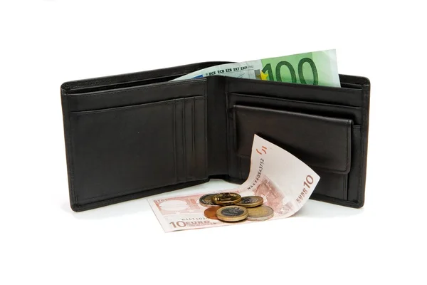 Zwarte portemonnee en euro-biljetten en -munten — Stockfoto