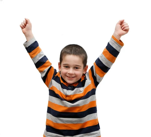 Cute little boy rises arms in a V-sign — Stock Photo, Image