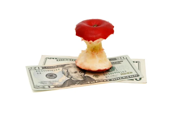 Bit de manzana en billetes de veinte dólares aislar — Foto de Stock