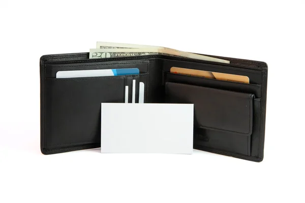 Λευκό επαγγελματική κάρτα, μπροστά από το πορτοφόλι — Φωτογραφία Αρχείου