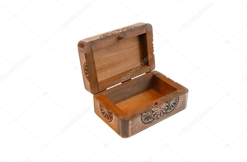 Open empty carved wooden casket isolated