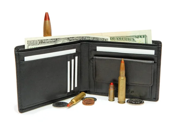 stock image Black wallet, money and cartridges