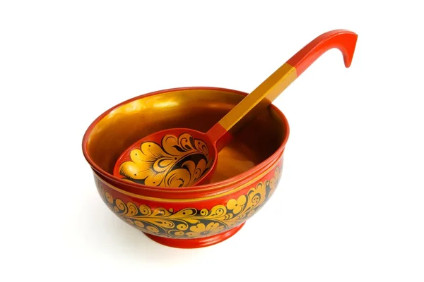 Russian wooden painted bowl with ladle — стокове фото