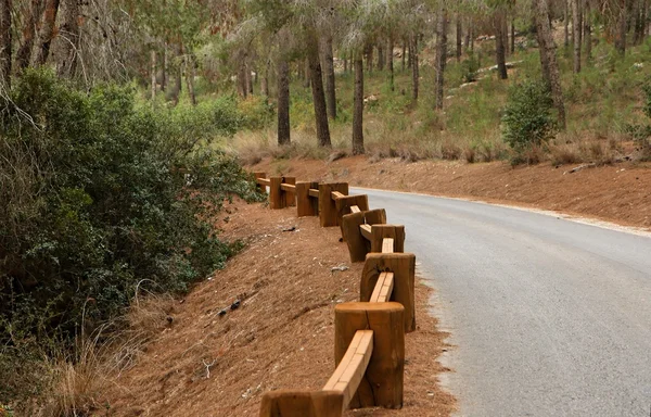 stock image Road in the forest with wooden guardrail