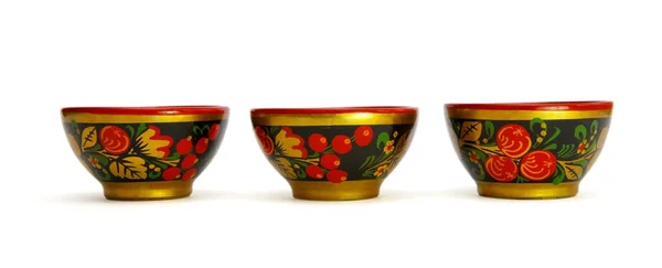Three painted Russian wooden cups — Stock Photo, Image