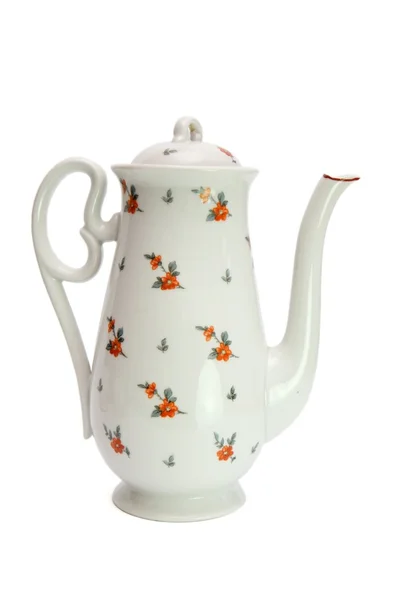 White high teapot painted with dogroses — Stock Photo, Image
