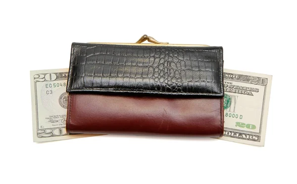 Ρετρό γυναίκα πορτοφόλι σε λογαριασμούς δολαρίων — Φωτογραφία Αρχείου