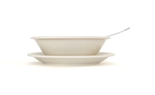 Plato de sopa beige liso con cuchara —  Fotos de Stock