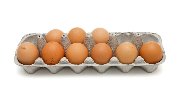 Девять коричневых яиц в бумажной коробке изолированы — стоковое фото
