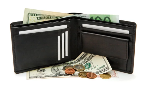 Zwarte portemonnee, bankbiljetten en munten — Stockfoto