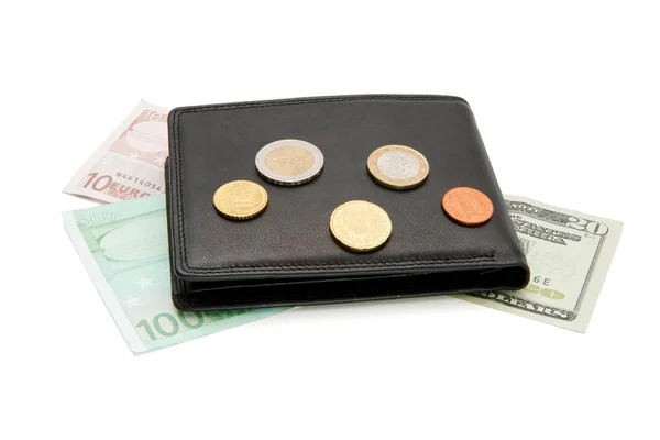 Černá peněženka, bankovky a mince — Stock fotografie