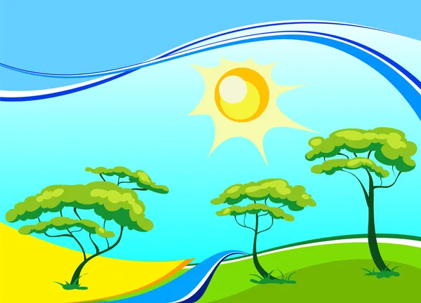 Векторный пейзаж с деревьями и солнцем — стоковый вектор