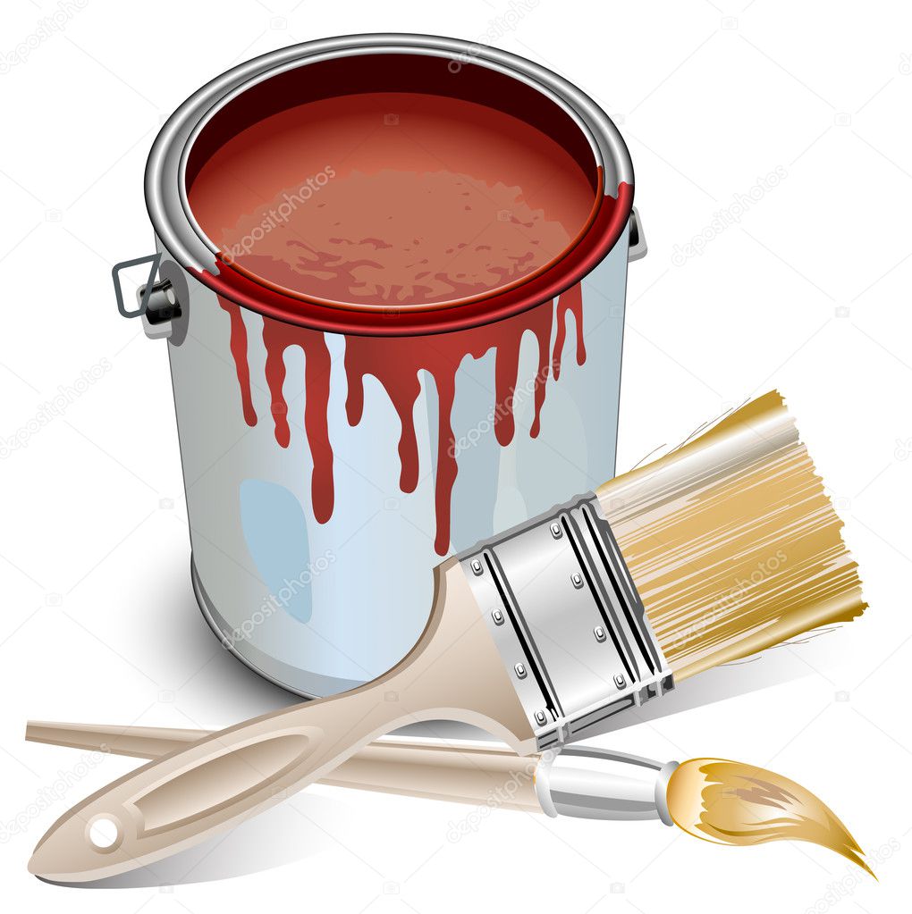 Tin with paint and brushes
