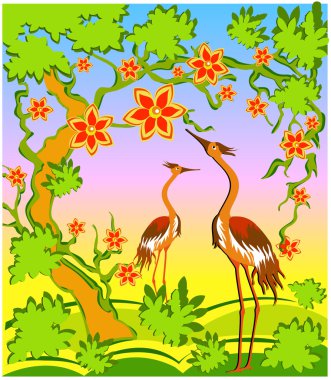 Two herons in east style clipart