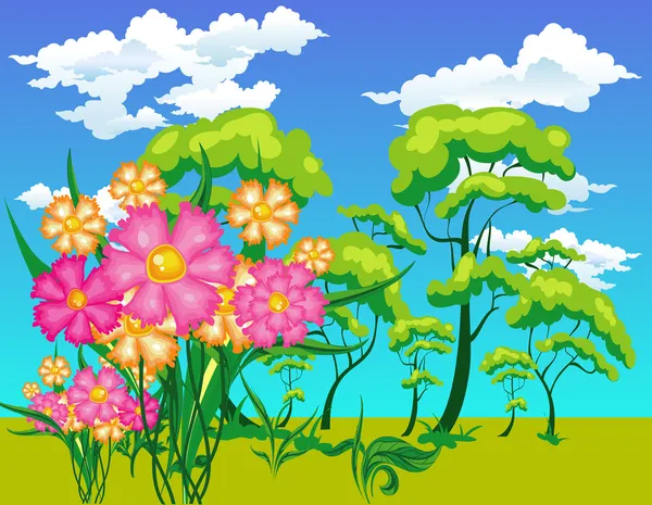 Пейзаж с деревьями и цветами — стоковый вектор