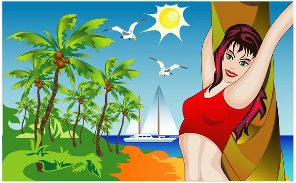 Chica en la playa de palmeras — Archivo Imágenes Vectoriales