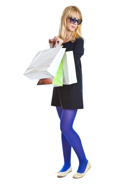 Boldog lány bevásárló táskák — Stock Fotó