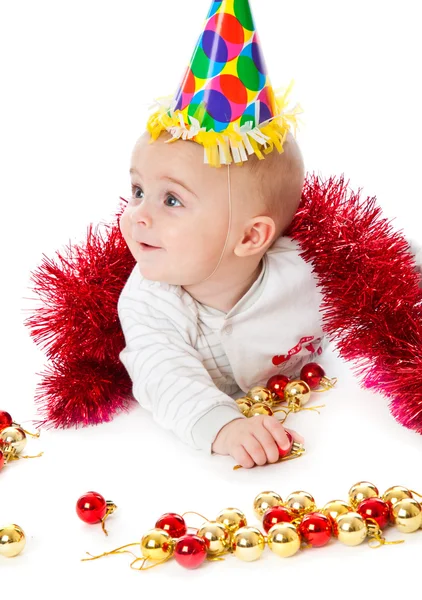 Kleine jongen dragen een kerstmuts en playi — Stok fotoğraf