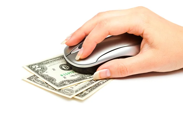 Рука с компьютерной мышью на долларовой купюре — стоковое фото