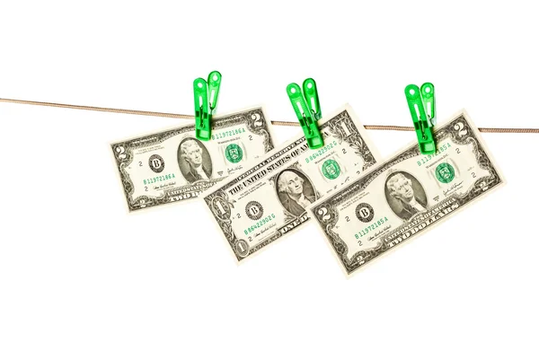 Dollar bills pinned to a clothesline — Stock Photo, Image