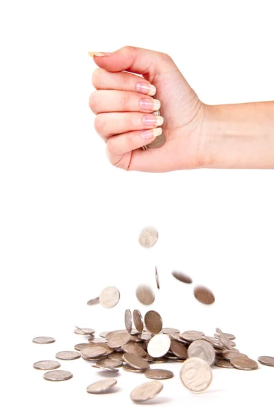 Hand and coins are failing down — Stock Photo, Image