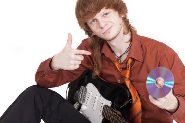 Musician with guitar selling compact dis clipart