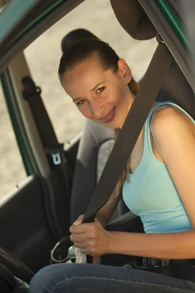 Woman with safety belt — Stock Photo, Image
