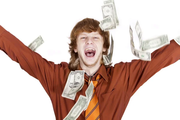 Empresário feliz jogando dinheiro — Fotografia de Stock