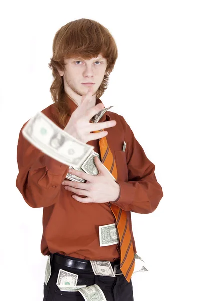 Człowiek z pieniędzy rzucając Dolar — Zdjęcie stockowe