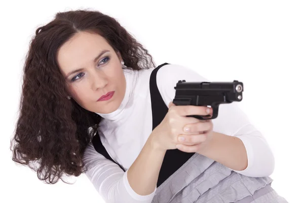 Frau schießt aus Waffe — Stockfoto