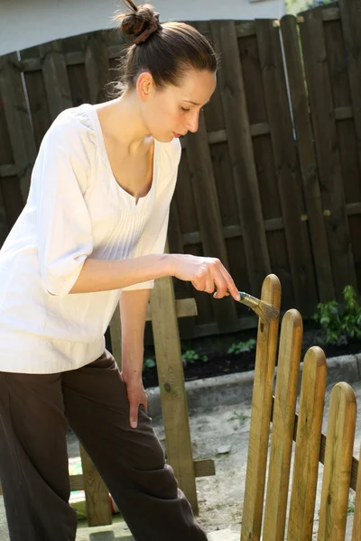 Painting wooden fence — Stock Photo, Image
