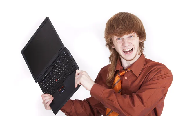 Zły biznesmen z laptopem — Zdjęcie stockowe