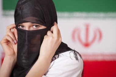 Muslim woman over iran flag clipart