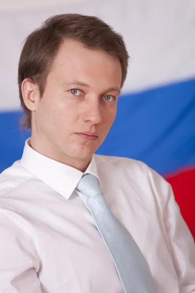 Politician over russian flag — Stok fotoğraf