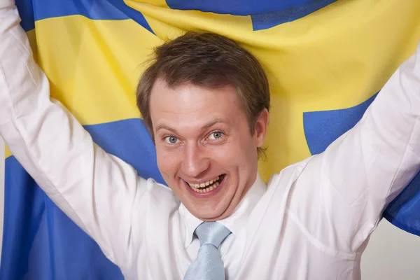 Fan mit Schwedenfahne — Stockfoto
