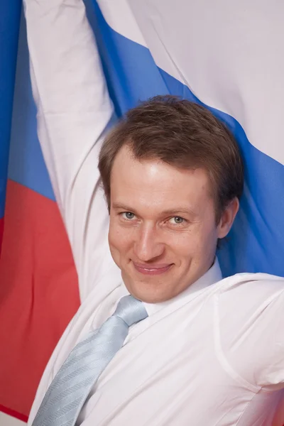 ロシアの旗を持つ熱狂的な男 — ストック写真