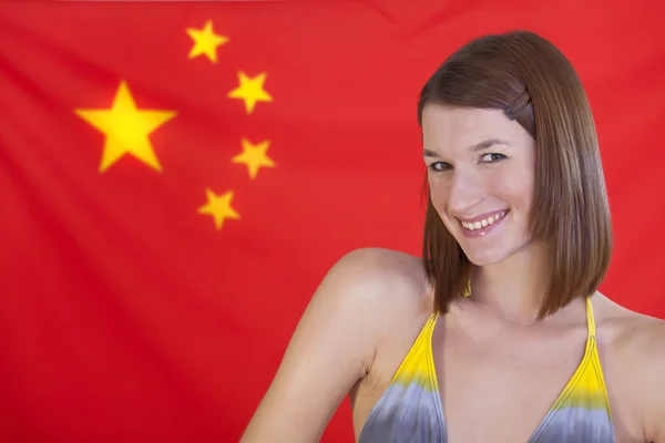 中国国旗的女人 — 图库照片