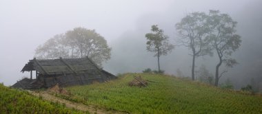 Old mountain farm-house in mist clipart