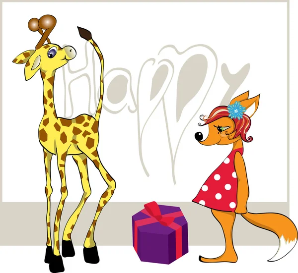 Giraffa con un dono e una volpe — Vettoriale Stock